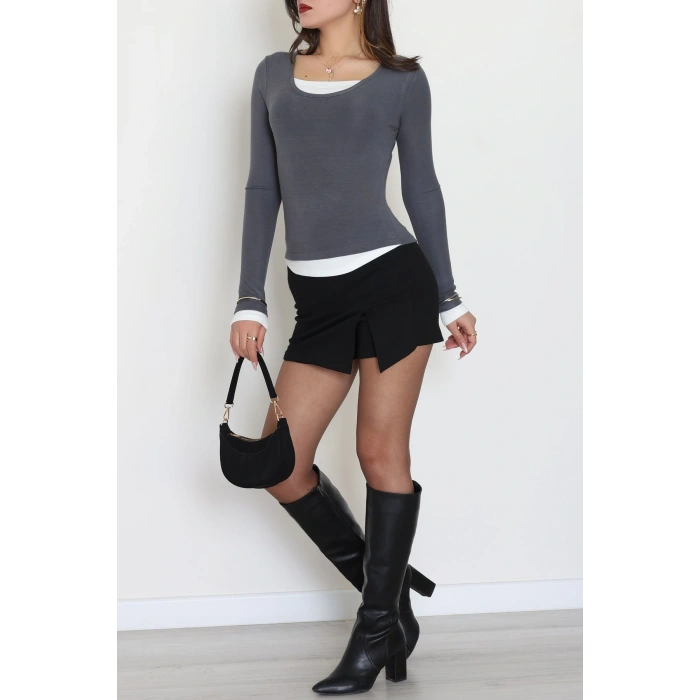 Buzzy Kumaş Geniş Yaka Parçalı Bluz Antrasit - 1055.2119.