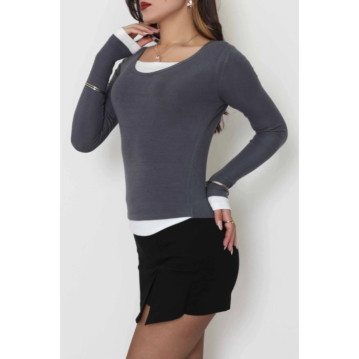 Buzzy Kumaş Geniş Yaka Parçalı Bluz Antrasit - 1055.2119.