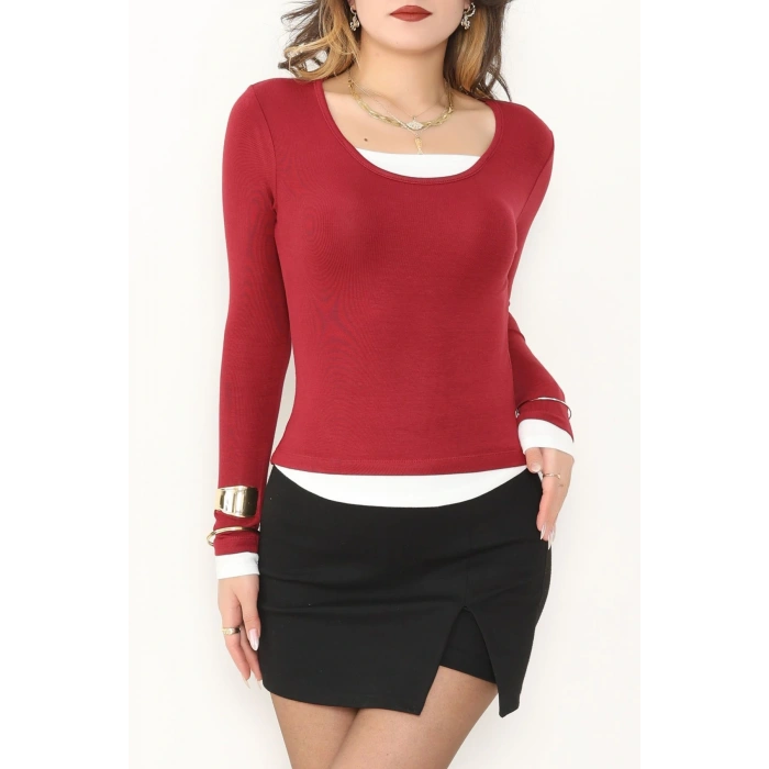 Buzzy Kumaş Geniş Yaka Parçalı Bluz Bordo - 1055.2119.
