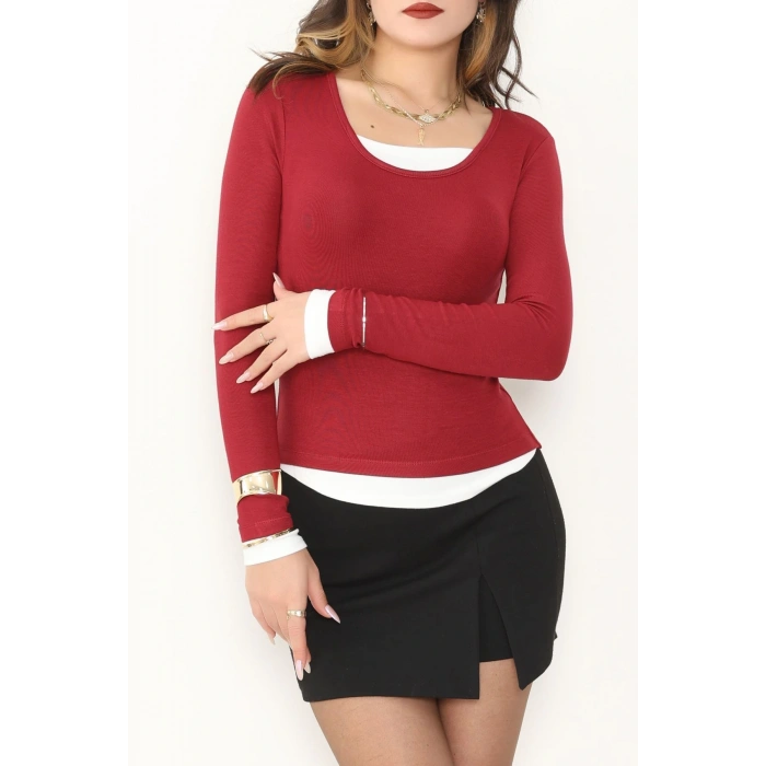 Buzzy Kumaş Geniş Yaka Parçalı Bluz Bordo - 1055.2119.