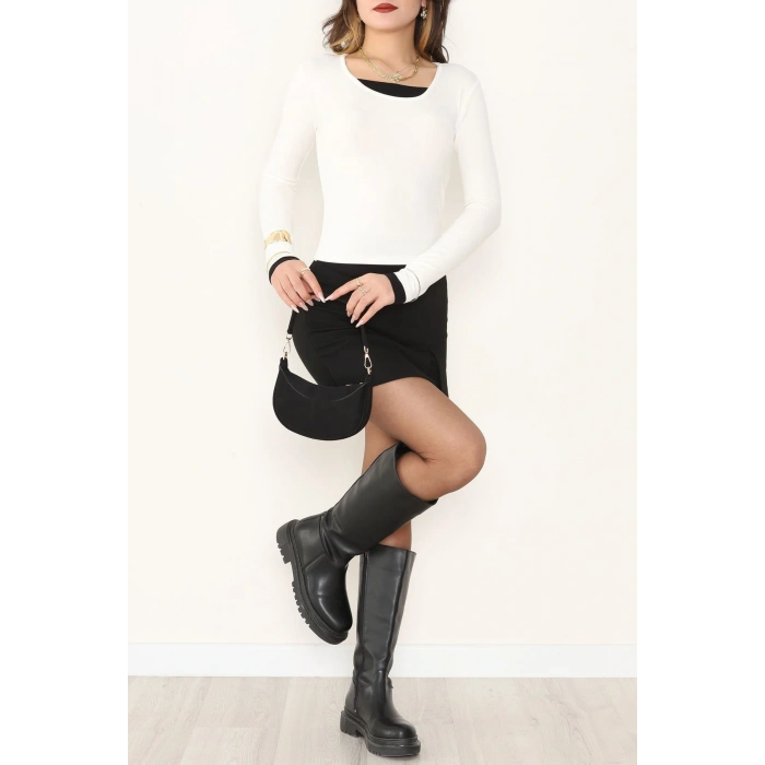 Buzzy Kumaş Geniş Yaka Parçalı Bluz Ekru - 1055.2119.