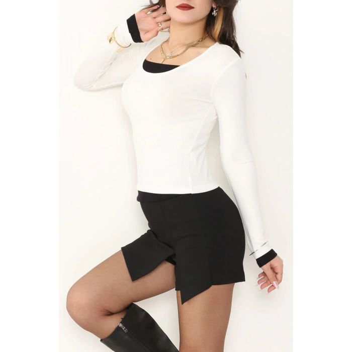 Buzzy Kumaş Geniş Yaka Parçalı Bluz Ekru - 1055.2119.