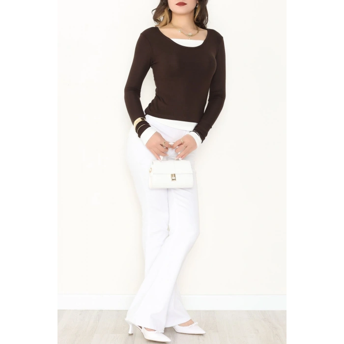 Buzzy Kumaş Geniş Yaka Parçalı Bluz Kahve - 1055.2119.