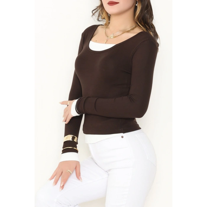 Buzzy Kumaş Geniş Yaka Parçalı Bluz Kahve - 1055.2119.