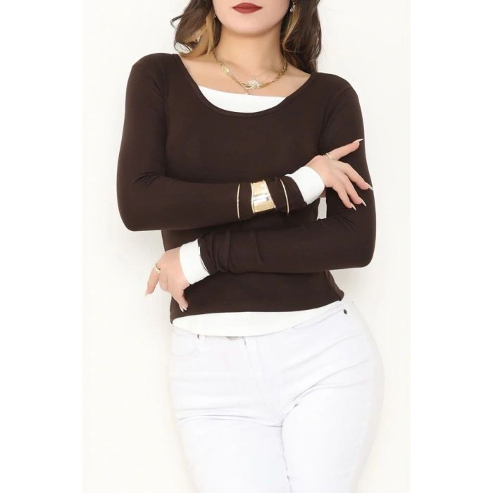 Buzzy Kumaş Geniş Yaka Parçalı Bluz Kahve - 1055.2119.