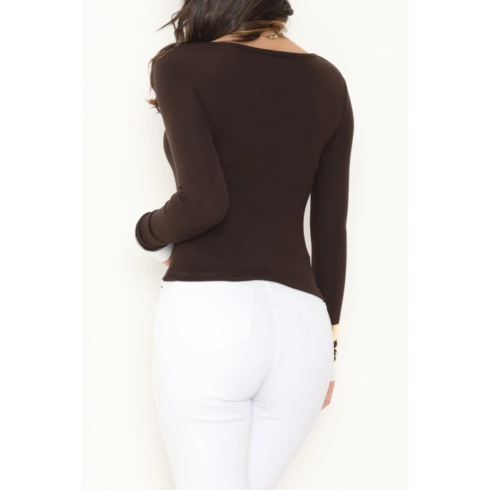 Buzzy Kumaş Geniş Yaka Parçalı Bluz Kahve - 1055.2119.