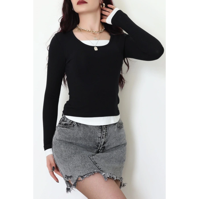 Buzzy Kumaş Geniş Yaka Parçalı Bluz Siyah - 1055.2119.