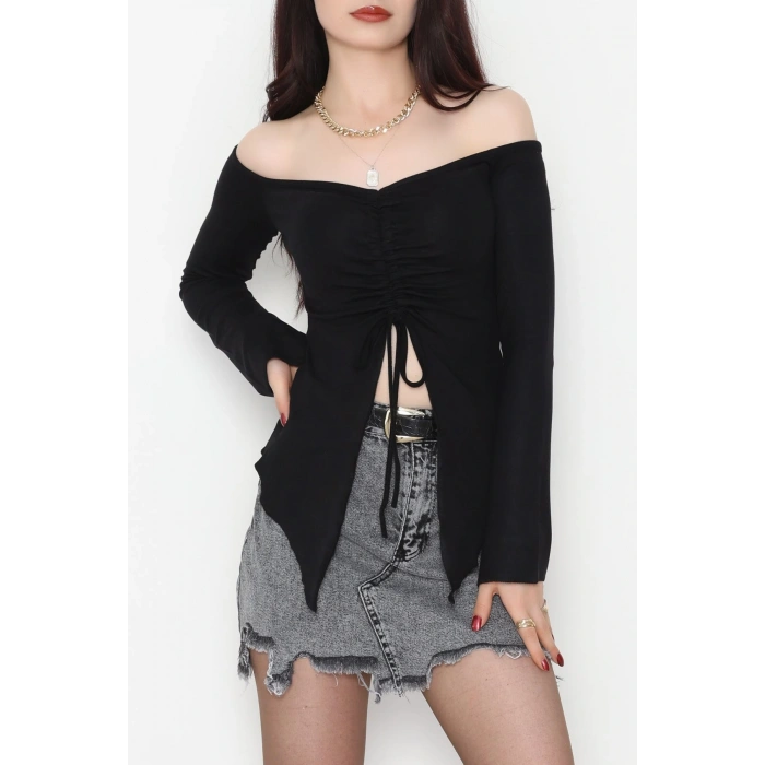 Buzzy Kumaş Önü Ayarlanabilir Büzgülü Bluz Siyah - 1009.2119.