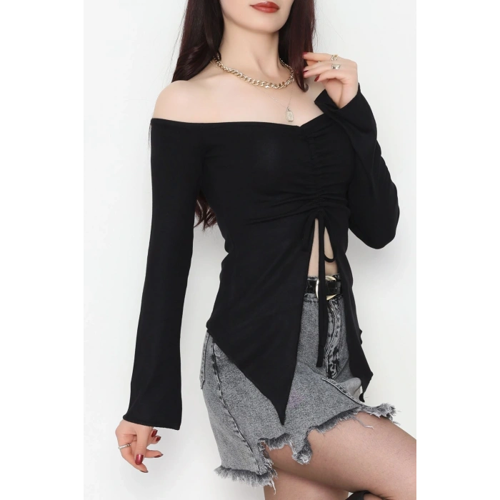 Buzzy Kumaş Önü Ayarlanabilir Büzgülü Bluz Siyah - 1009.2119.