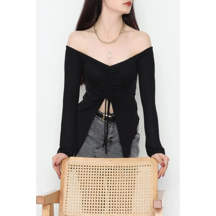 Buzzy Kumaş Önü Ayarlanabilir Büzgülü Bluz Siyah - 1009.2119.