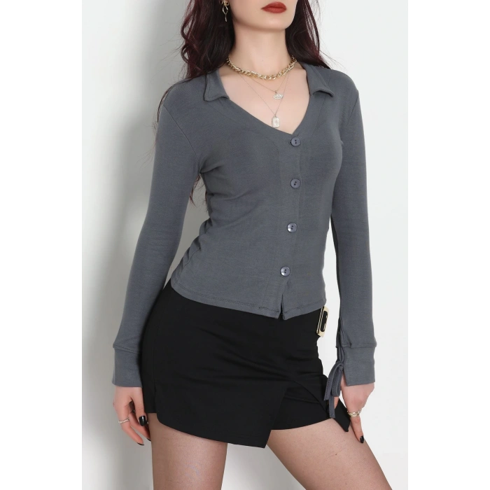 Buzzy Kumaş Polo Yaka Düğmeli Hırka Antrasit - 1062.2119.