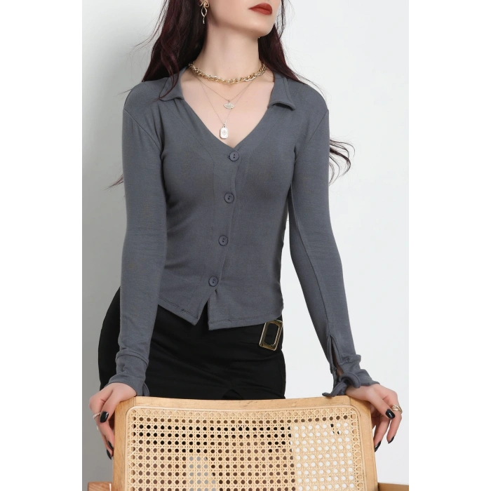 Buzzy Kumaş Polo Yaka Düğmeli Hırka Antrasit - 1062.2119.