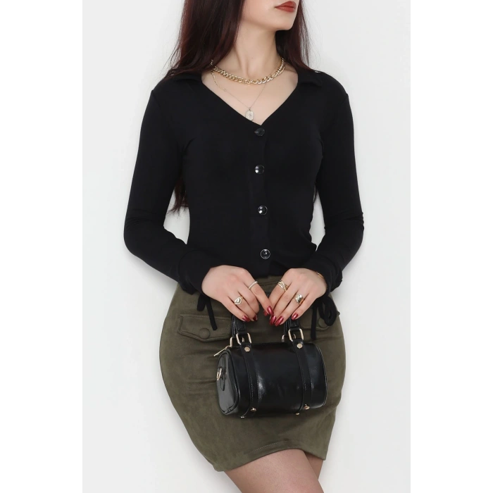 Buzzy Kumaş Polo Yaka Düğmeli Hırka Siyah - 1062.2119.