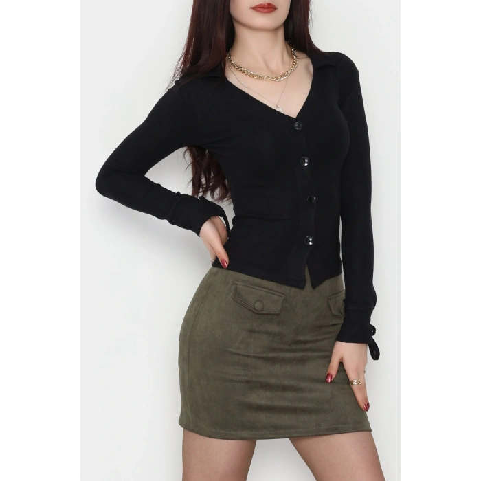 Buzzy Kumaş Polo Yaka Düğmeli Hırka Siyah - 1062.2119.
