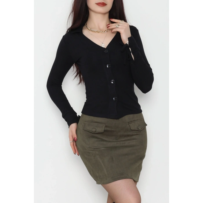 Buzzy Kumaş Polo Yaka Düğmeli Hırka Siyah - 1062.2119.