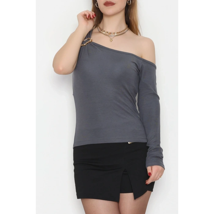 Buzzy Kumaş Tek Omuz Toka Detaylı Bluz Antrasit - 1010.2119.
