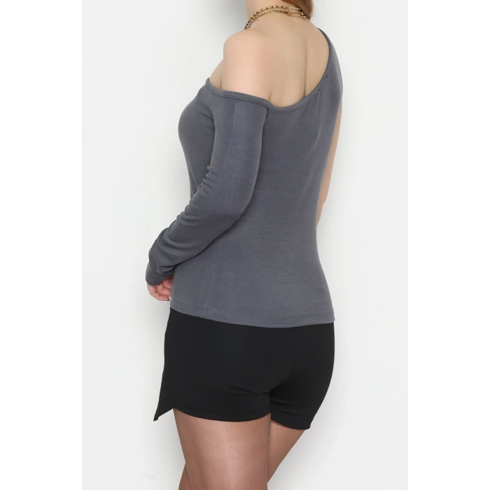 Buzzy Kumaş Tek Omuz Toka Detaylı Bluz Antrasit - 1010.2119.