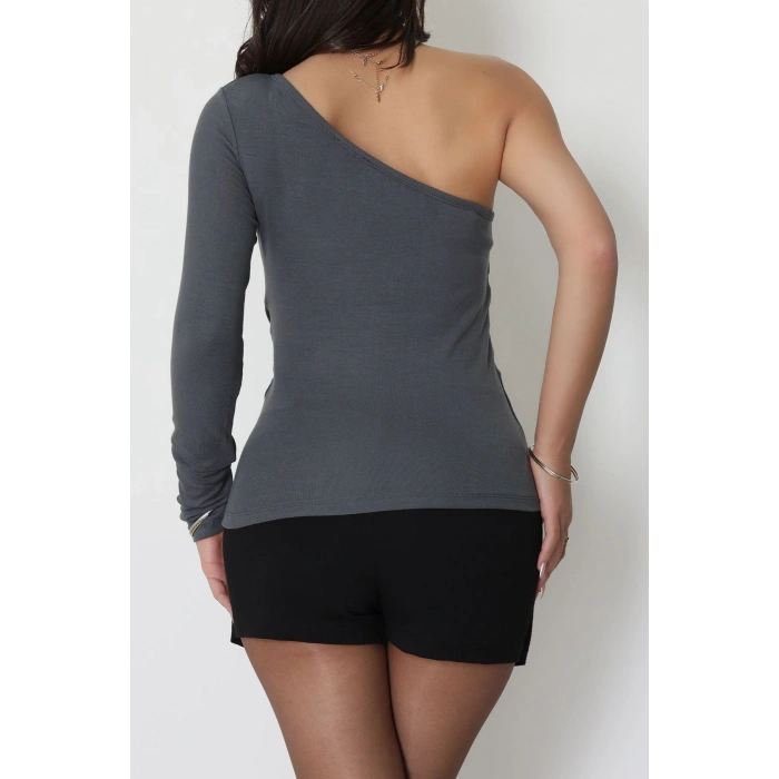 Buzzy Kumaş Tek Omuz Toka Detaylı Bluz Antrasit - 1011.2119.