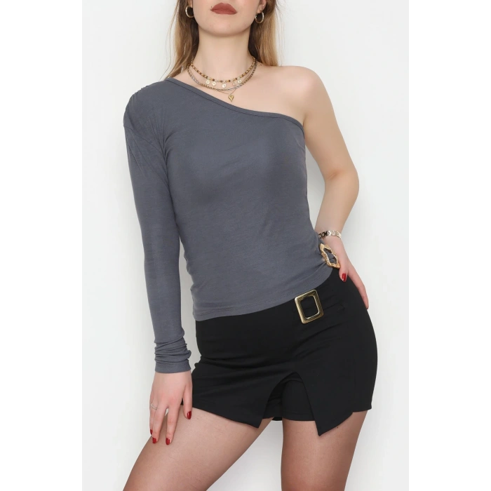 Buzzy Kumaş Tek Omuz Toka Detaylı Bluz Antrasit - 1052.2119.