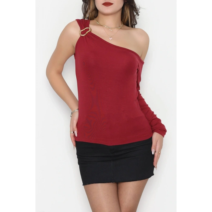 Buzzy Kumaş Tek Omuz Toka Detaylı Bluz Bordo - 1010.2119.
