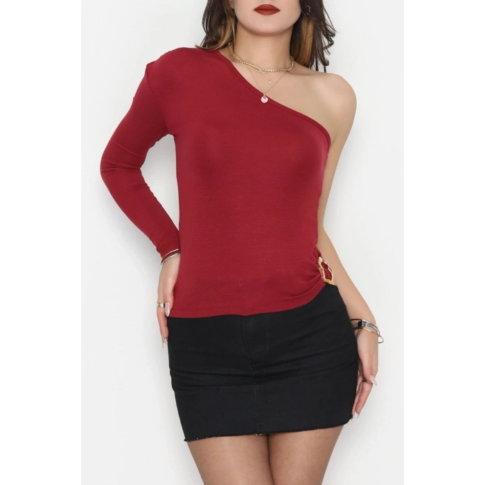 Buzzy Kumaş Tek Omuz Toka Detaylı Bluz Bordo - 1052.2119.