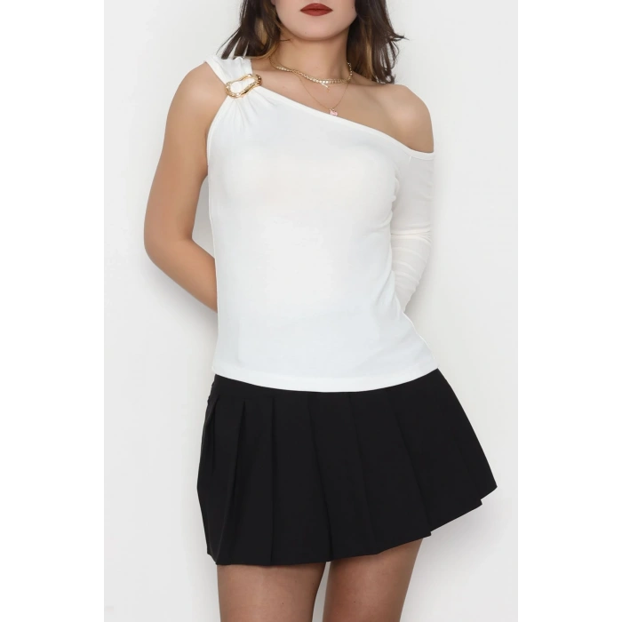 Buzzy Kumaş Tek Omuz Toka Detaylı Bluz Ekru - 1010.2119.