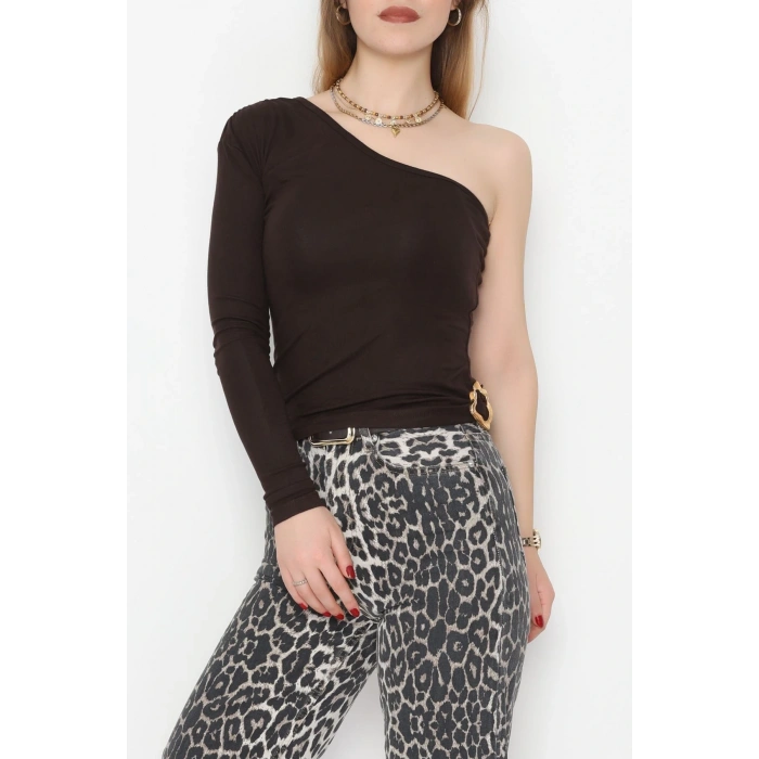 Buzzy Kumaş Tek Omuz Toka Detaylı Bluz Kahve - 1052.2119.