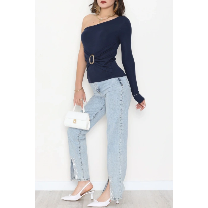 Buzzy Kumaş Tek Omuz Toka Detaylı Bluz Laci - 1011.2119.