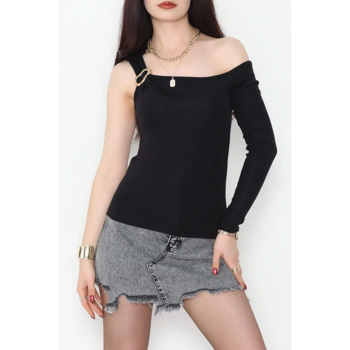 Buzzy Kumaş Tek Omuz Toka Detaylı Bluz Siyah - 1010.2119.