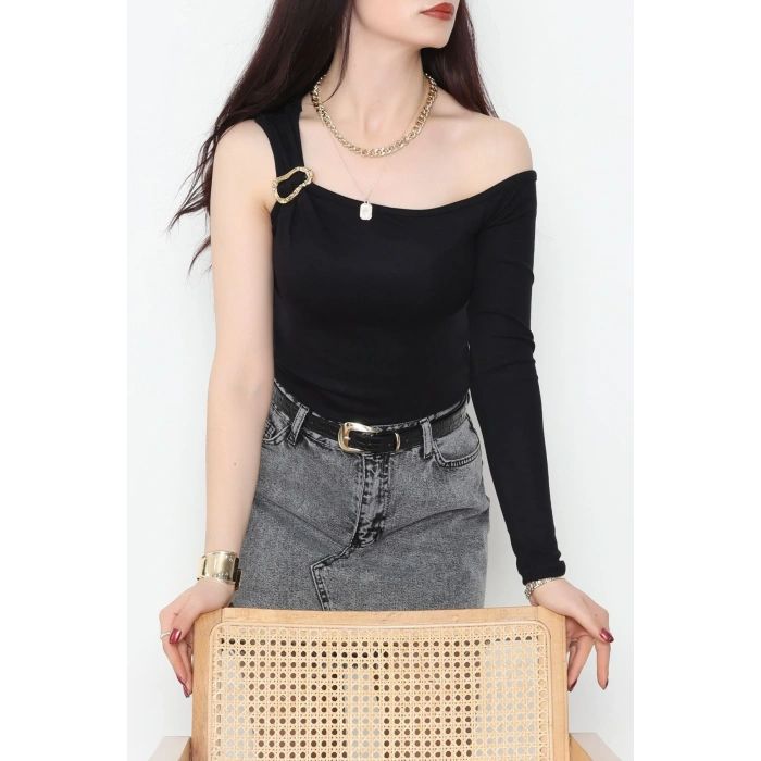 Buzzy Kumaş Tek Omuz Toka Detaylı Bluz Siyah - 1010.2119.