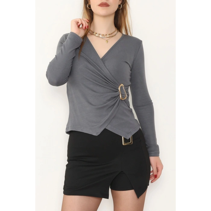 Buzzy Kumaş V Yaka Tokalı Bluz Antrasit - 1061.2119.