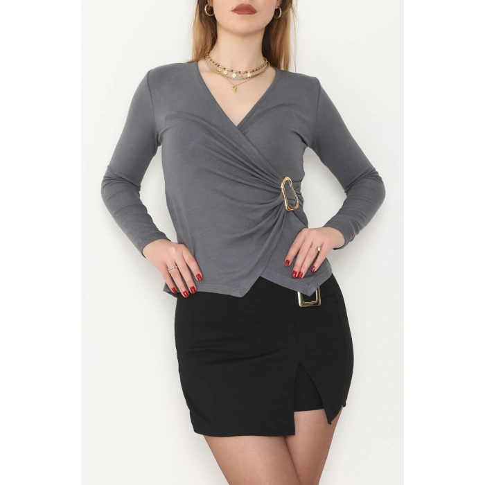 Buzzy Kumaş V Yaka Tokalı Bluz Antrasit - 1061.2119.