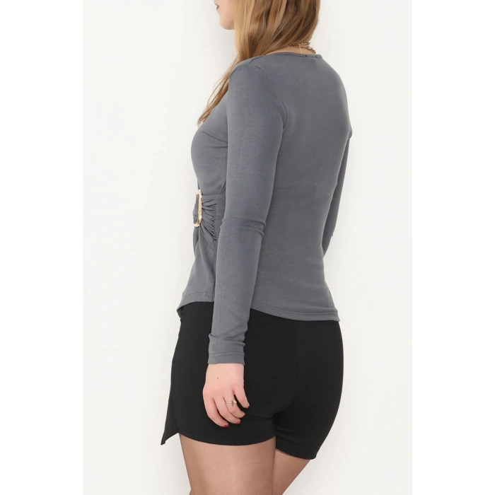 Buzzy Kumaş V Yaka Tokalı Bluz Antrasit - 1061.2119.