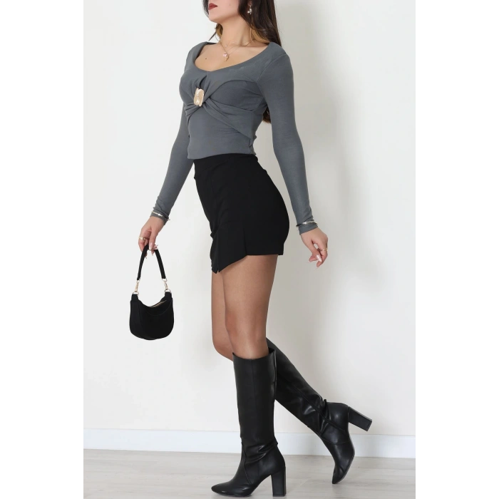 Buzzy Kumaş V Yaka Tokalı Bluz Antrasit - 1074.2119.