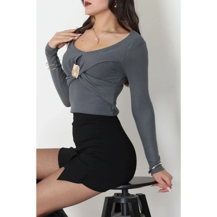 Buzzy Kumaş V Yaka Tokalı Bluz Antrasit - 1074.2119.