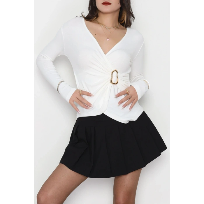 Buzzy Kumaş V Yaka Tokalı Bluz Ekru - 1061.2119.