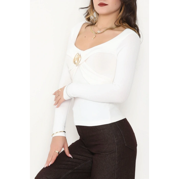 Buzzy Kumaş V Yaka Tokalı Bluz Ekru - 1074.2119.