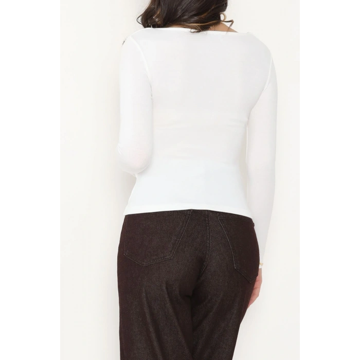 Buzzy Kumaş V Yaka Tokalı Bluz Ekru - 1074.2119.