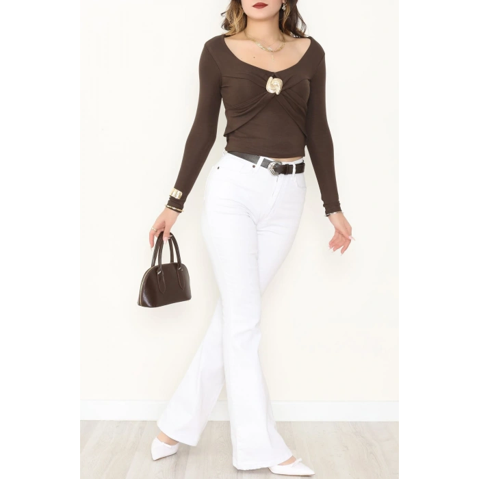 Buzzy Kumaş V Yaka Tokalı Bluz Kahve - 1074.2119.