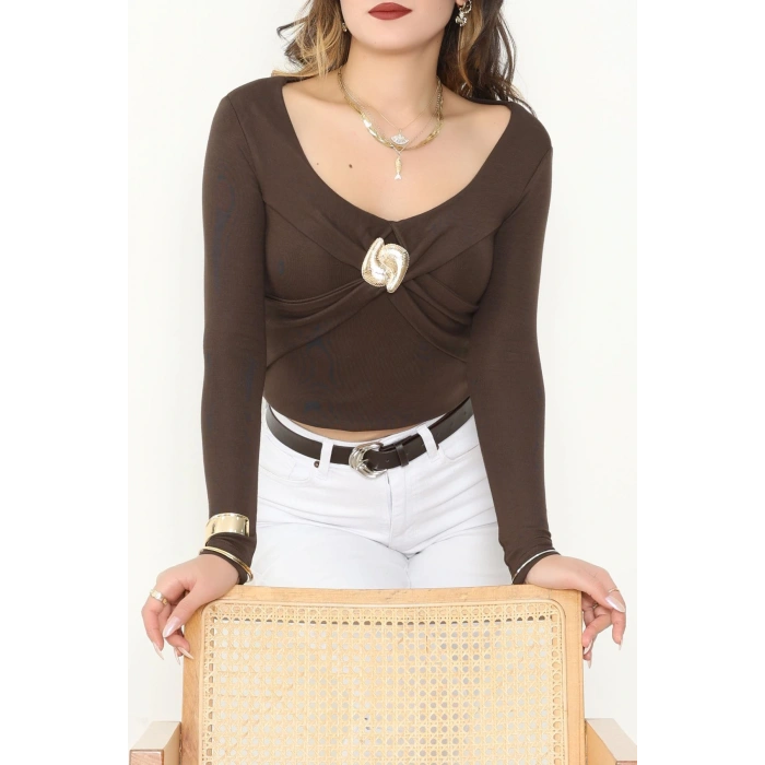 Buzzy Kumaş V Yaka Tokalı Bluz Kahve - 1074.2119.