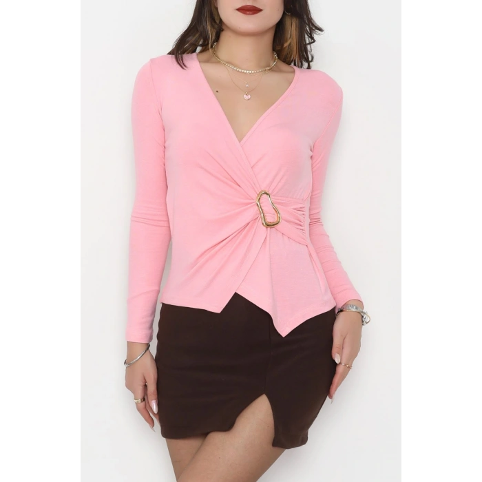 Buzzy Kumaş V Yaka Tokalı Bluz Pembe - 1061.2119.