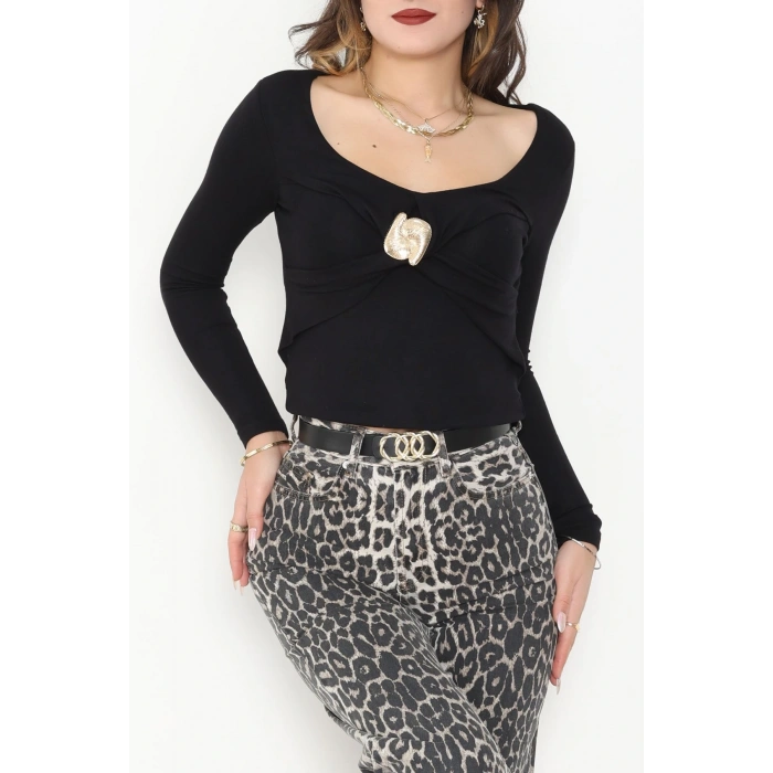 Buzzy Kumaş V Yaka Tokalı Bluz Siyah - 1074.2119.