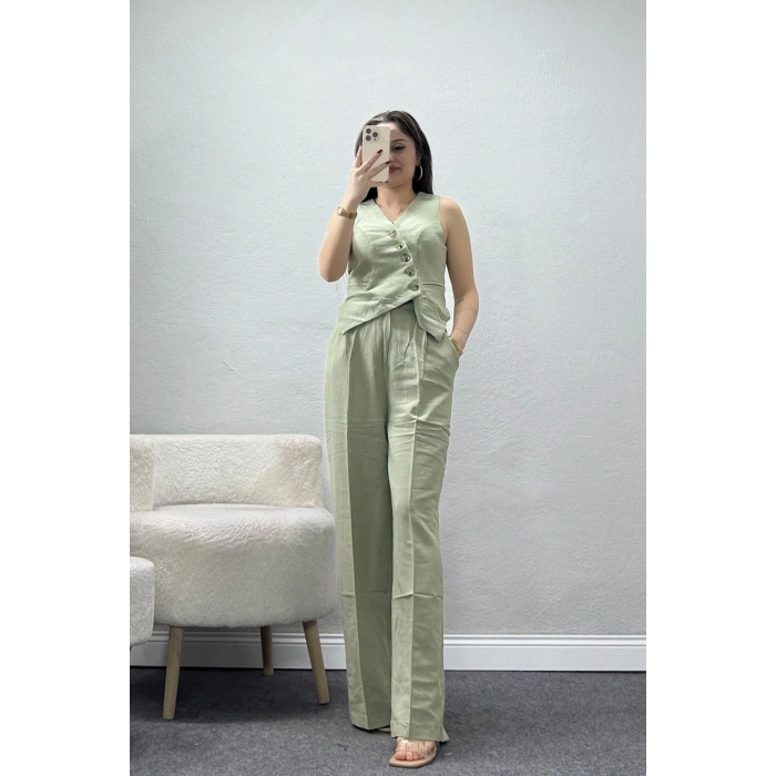 Çapraz Düğmeli Yelekli Takım Haki - 7677.1437.