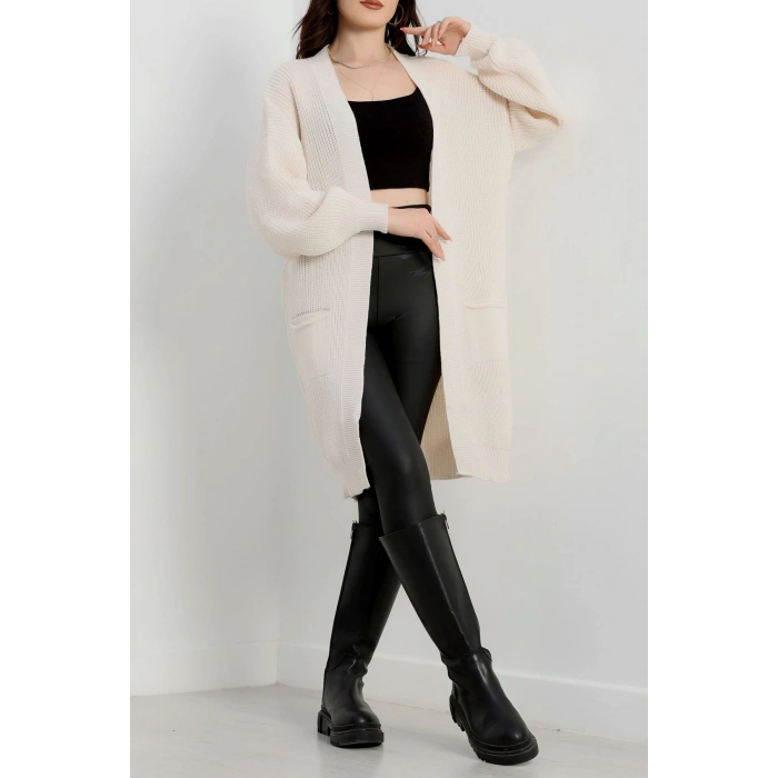 Cep Detaylı Triko Hırka Latte - 436.1577.