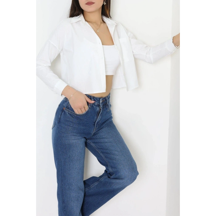 Cepli Crop Poplin Gömlek Beyaz - 43951.2131.