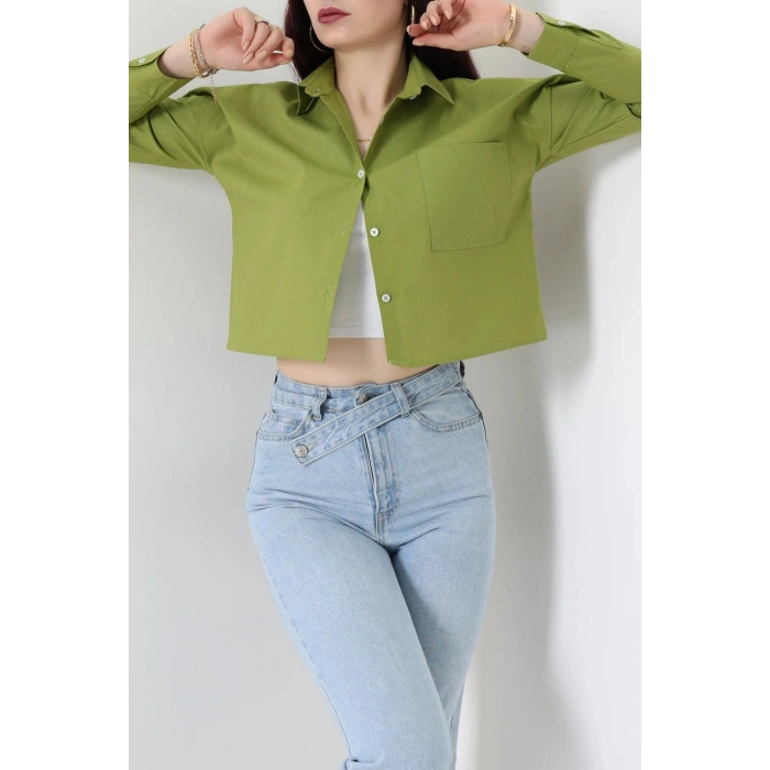 Cepli Crop Poplin Gömlek Haki - 43951.2131.
