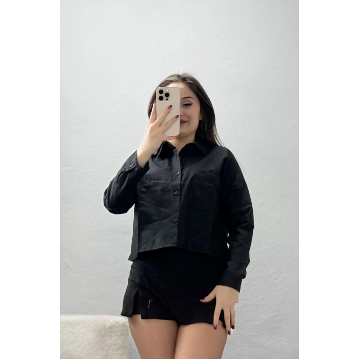 Cepli Crop Poplin Gömlek Siyah - 43951.2131.