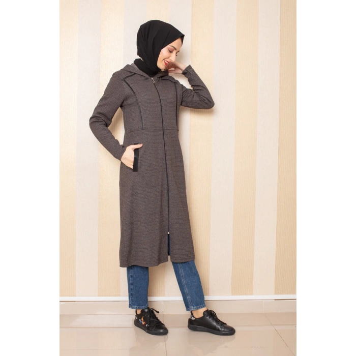 Cepli Kapşonlu Tesettür Kap Kahve