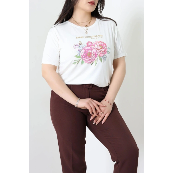 Çiçek Baskılı Büyük Beden Viskon Bluz Ekru - 71474.1990.