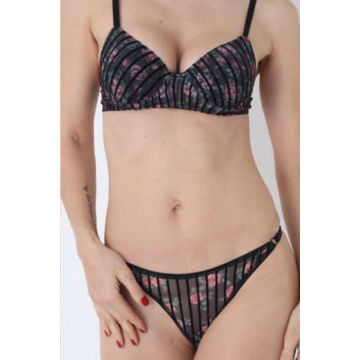 Çiçek Baskılı Dikine Flok Çizgili Takım Dolu Siyah - 2565.1783.